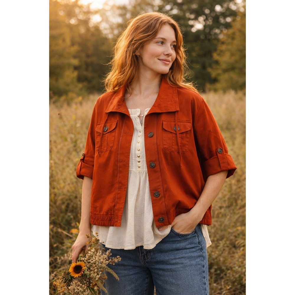 Fall Earthy Boho Utility Cargo Jacket Top Cottagecore Peasant Burnt Orange SZ 1X